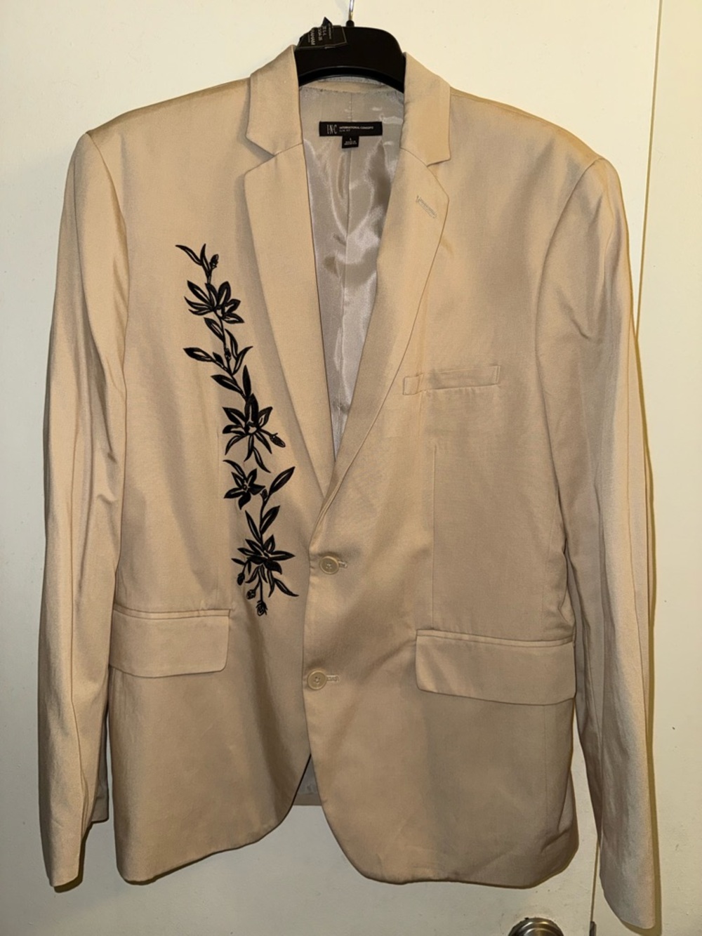 Men's Beige Blazer with Black Floral Embroidery
